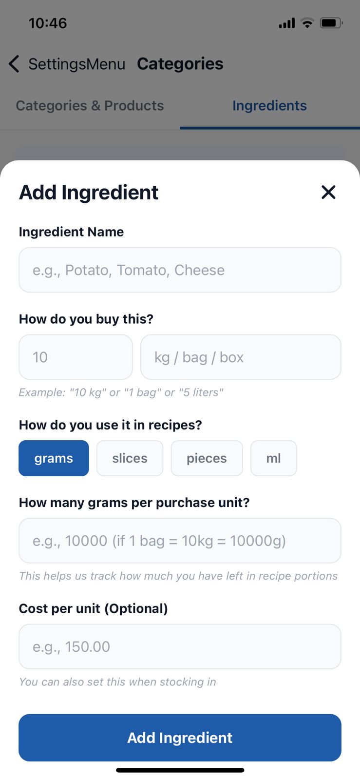 Add Ingredients Screen